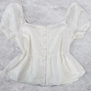 Kirious Los Angeles White Eyelet Cotton Button Front Peplum Puff Sleeve Top M